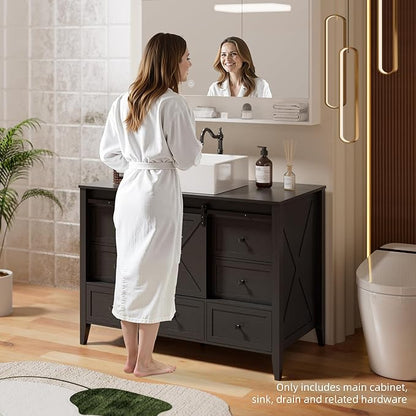 VNN Bathroom Vanity with Sink - 48 Inch Bathroom Vanity with Sink Ceramic, Freestanding Cabinet with Farmhouse Sliding Barn Door and 7 Drawers, Space-Saving Storage Cabinet, Wood Grain Texture, Black