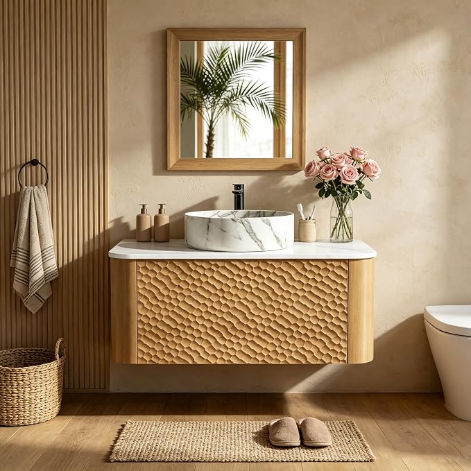 30 Inch Modern Bathroom Vanity with Ceramic Sink, Floating Bathroom Vanity Cabinet with Sintered Stone Top&Solid Wood Hammered Frame, Single Sink Bathroom Vanities w/Soft-Close Drawers,Natural