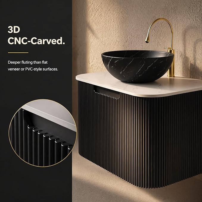 24 Inch Bathroom Vanity with Sink, Floating Wall Mounted Single Sink Vanity for Small Baths, Black Curved Fluted Front, Stone Top, Black Marble Vessel Basin, Pre-Assembled