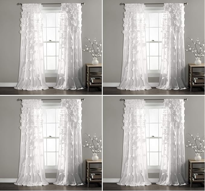 Lush Decor Riley Light Filtering Window Curtain Panel, Single 54" W x 84" L, White - Cute White Curtains for Bedroom - Bow Decor - Coquette Curtains for Windows (Pack of 4)