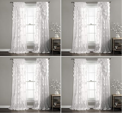 Lush Decor Riley Light Filtering Window Curtain Panel, Single 54" W x 84" L, White - Cute White Curtains for Bedroom - Bow Decor - Coquette Curtains for Windows (Pack of 4)