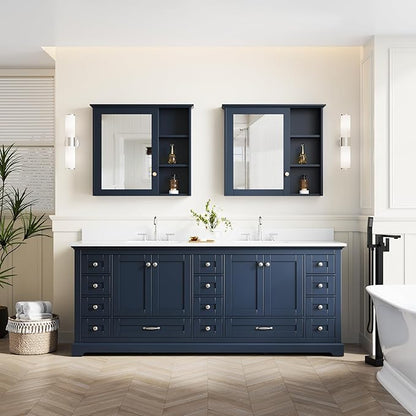 WELLFOR 84 Inch Bathroom Vanity with Double Sinks, Bathroom Freestanding Vanity W/4 Soft-Close Doors and 14 Drawers, Large Storage Space Vanity, Cultured Marble Countertop Vanities (Navy Blue)