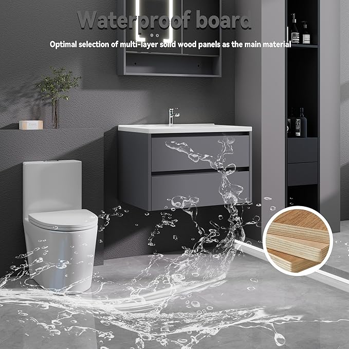 Dark Gray Floating Bathroom Vanity with Sink, 31x18 Inch Wall Mounted Bathroom Cabinet with 2 Drawers, Modern Single Sink Vanity for Small Bathroom, Space-Saving Storage Cabinet
