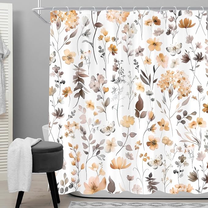 Cute Floral Orange Flower Watercolor Wildflower Bathroom Shower Curtain Set | 72"W x 72"H Butterfly Plants; waterproof HD print, quick-dry fabric and plastic hooks for easy setup.