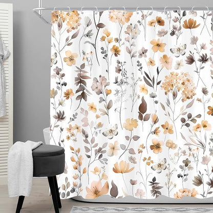 Cute Floral Orange Flower Watercolor Wildflower Bathroom Shower Curtain Set | 72"W x 72"H Butterfly Plants; waterproof HD print, quick-dry fabric and plastic hooks for easy setup.