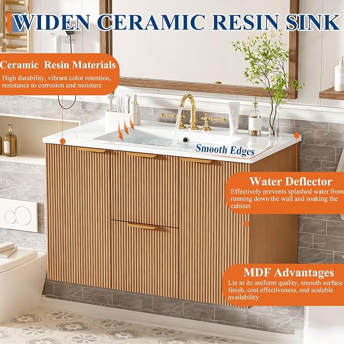 36 Inch Bathroom Vanity with Sink, Modern Fluted Single Ceramic Vanity | Soft-close, Bath Room Cabinet with Divided Drawers, Wall-Mounted Modern Storage Vanity for Small Space, Hotels, Office