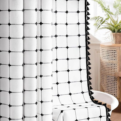 Black and White Shower Curtain Boho Linen Fabric Extra Long with Embroidered Plaid Pattern and Tassels for Bathroom,72" W×84" L