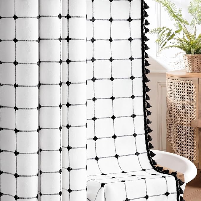 Black and White Shower Curtain Boho Linen Fabric Extra Long with Embroidered Plaid Pattern and Tassels for Bathroom,72" W×84" L