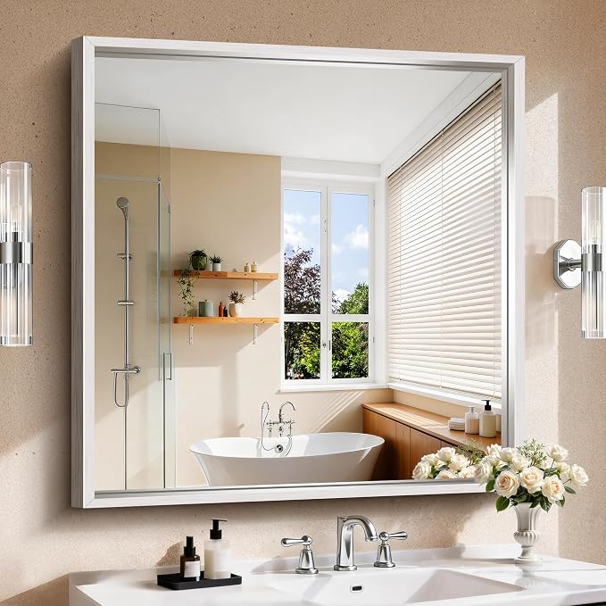 CIRCUMI 40"x40" Brushed Silver Bathroom Mirror, Square Mirror for Vanity | Chunky Box Metal Frame, Shatterproof, Tempered Glass, Bathroom Remodel&New Home,Wall Mirror for Over Sink,Living Room,Hallway