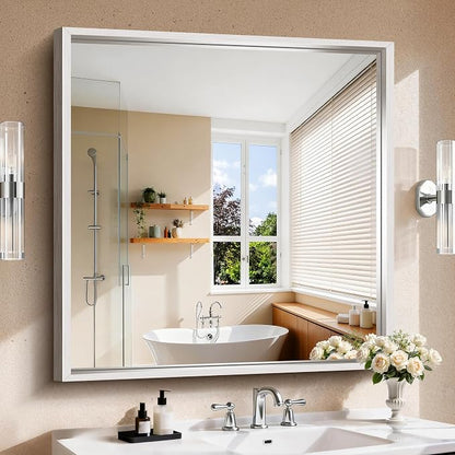 CIRCUMI 40"x40" Brushed Silver Bathroom Mirror, Square Mirror for Vanity | Chunky Box Metal Frame, Shatterproof, Tempered Glass, Bathroom Remodel&New Home,Wall Mirror for Over Sink,Living Room,Hallway
