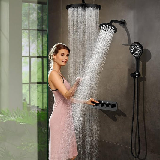 Shower System Brass Thermostatic Shower Faucet Set With Valve and Diverter Shower Mixer with 2 Rain Shower Head and Multi-function Handheld Head(Matte Black)