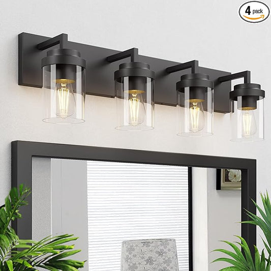 Espird Bathroom Vanity Light, 4 Light Matte Black Vanity Light with Clear Glass Shade, 30in Farmhouse Vanity Light, Bathroom Lighting Fixtures Over Mirror for Bathroom
