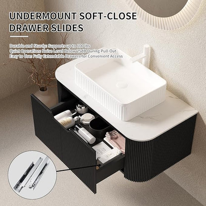 Yayzy 30" Floating Bathroom Vanity with Sink, Solid Wood Fluted Cabinet, White Fluted Square Ceramic Basin & Faux Marble Top, Soft-Close Drawer, Pre-Assembled, Gloss Black