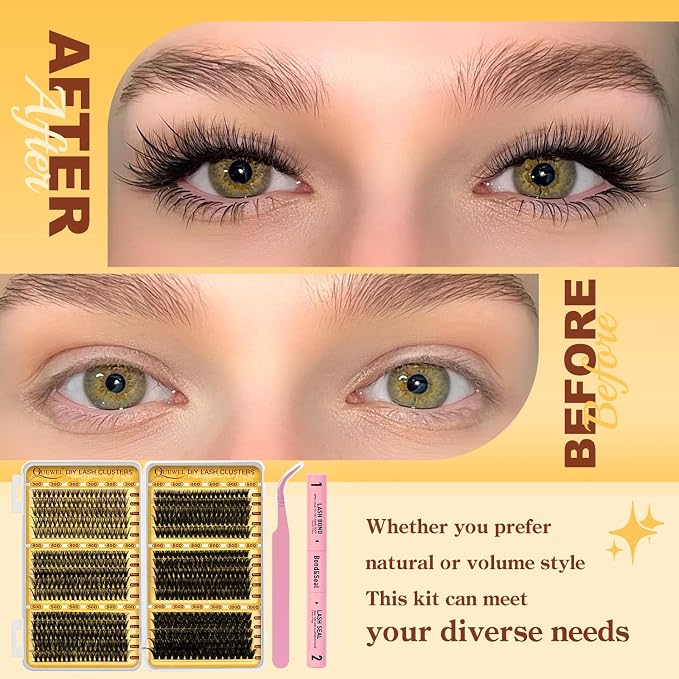 QUEWEL 580PCS Lash Clusters Kit 30D+40D+50D+60D+80D+100D Lash Clusters Kit | 10-18mm Cluster Lashes Individual Eyelash Clusters Reusable for Natural DIY Cluster Eyelash Extensions for Beginners