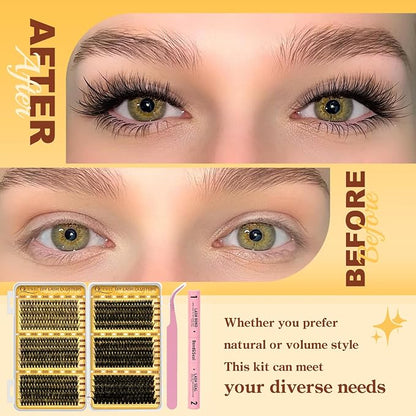 QUEWEL 580PCS Lash Clusters Kit 30D+40D+50D+60D+80D+100D Lash Clusters Kit | 10-18mm Cluster Lashes Individual Eyelash Clusters Reusable for Natural DIY Cluster Eyelash Extensions for Beginners