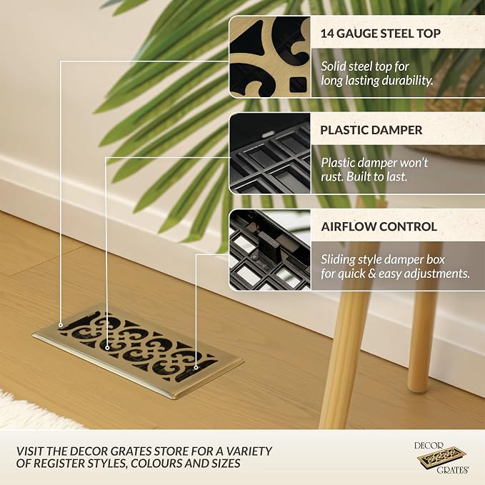 Decor Grates SPH412-A Scroll Design Floor Register, 4x12 Inches, Antique Brass Finish