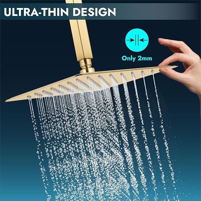 Midanya Square Rain Shower Head,High Pressure,Brushed Gold 12 Inch | 360°Swivel,Ceiling or Wall Mount,Waterfall Full Body Coverage,Bathroom Remodel,Stainless Steel Large Rainfall Shower Head