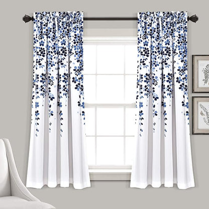 Lush Decor Weeping Flower Light Filtering Window Curtain Panels, Pair, 52"W x 63"L + 2" Header, Navy & Blue - Charming Modern Floral Curtains for Living Room, Dining Room, & Bedroom