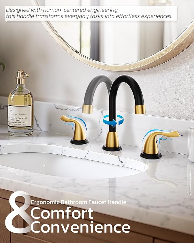 ARCORA Bathroom Sink Faucet 3 Hole - 8 Inch Widespread Bathroom Faucet 2 Handle Vanity Faucet with Pop Up Drain and cUPC Supply Lines, Black and Gold Bathroom Faucet