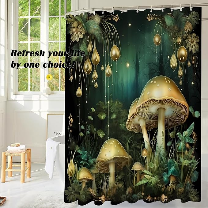 Fantasy Green Mushroom Shower Curtains,Funny Plant Botanical Bath Curtains,Mushroom Bathroom Decor,Funny Waterproof Polyester Natural Bathroom Curtain Decor,72x72 Inch