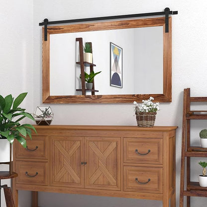 COGOOD Farmhouse Barn Door Mirror - 41" x 26" Rustic Wood Framed Wall Mirror for Bathroom, Living Room, Bedroom Wall Decor (Brown) | Farmhouse Barn Door Wood Framed Vanity Mirror for Entryway, Living Room, Bedroom, Dresser Wall Decor
