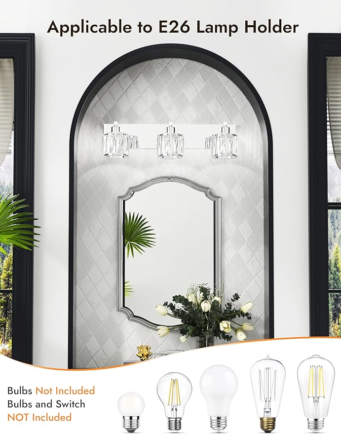 VOLISUN Crystal Vanity Lights - 3 Light Modern Stainless Steel Bathroom Light Over Mirror, Chrome Finish - UL Certificated (Exclude Bulb)