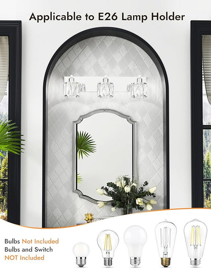 VOLISUN Crystal Vanity Lights - 3 Light Modern Stainless Steel Bathroom Light Over Mirror, Chrome Finish - UL Certificated (Exclude Bulb)
