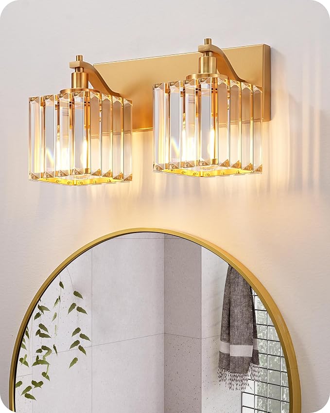 EDISHINE 2-Light Gold Bathroom Vanity Light, E26 Base, Crystal Wall Sconce | Up Down Mounting, Brass Frame, Modern Style Fits Over Bathroom Mirror & Makeup Space