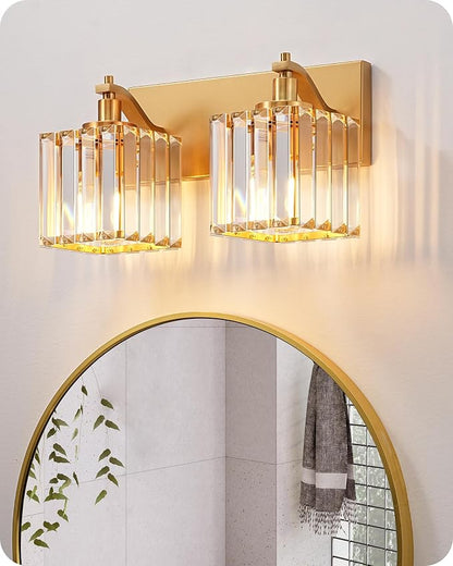 EDISHINE 2-Light Gold Bathroom Vanity Light, E26 Base, Crystal Wall Sconce | Up Down Mounting, Brass Frame, Modern Style Fits Over Bathroom Mirror & Makeup Space
