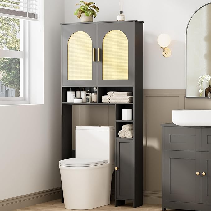 Homhedy Wooden Over The Toilet Storage Cabinet, Natural and Black | Bathroom Organizer with Rattan Decorated Doors, Adjustable Shelves, Toilet Paper Holder, for Small Spaces