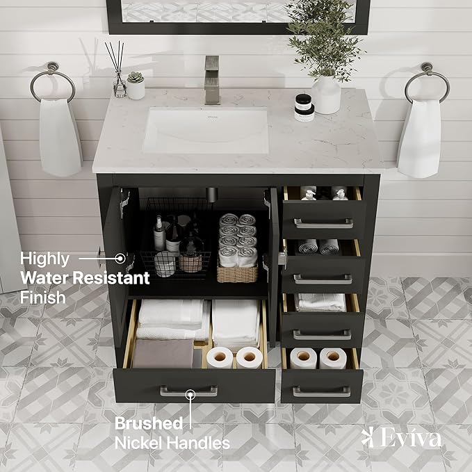 Eviva London 36 Inch Bathroom Vanity With Sink - Espresso Single Sink Bathroom Vanity - 36 In Bathroom Vanities & Stylish Bathroom Sink Cabinet W Quartz Countertop & Porcelain Sink For Optimal Storage