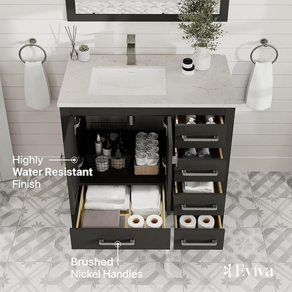 Eviva London 36 Inch Bathroom Vanity With Sink - Espresso Single Sink Bathroom Vanity - 36 In Bathroom Vanities & Stylish Bathroom Sink Cabinet W Quartz Countertop & Porcelain Sink For Optimal Storage