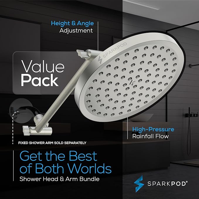 SparkPod 8" Round Rain Shower Head with 11" Shower Arm | Shower Head & Extension Arm Combo, Height Adjustable, High Pressure Performance, Easy 1-Minute Installation, Brushed Nickel