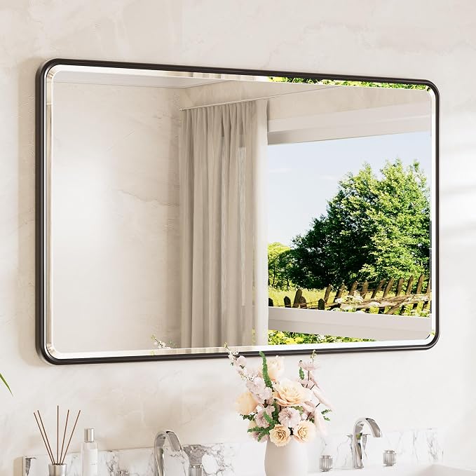 Black Mirrors for Wall 48 x 30 Beveled Edge Tempered Glass, Rounded Corner Rectangle Framed Mirror for Modern Bathroom, Living Room, Bedroom, Entryway