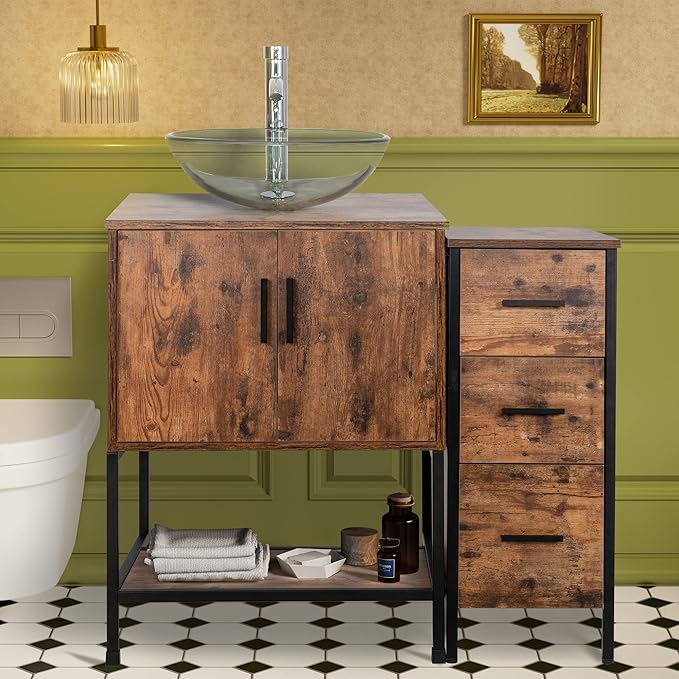 UEV 36" Antique Bathroom Vanity, Dark Brown Bathroom Vanity Set with Sink and 3 Drawers Side Cabinet Combo, Iron Wood Bathroom Cabinet with Adjustable Water Temperature Faucet (A16)