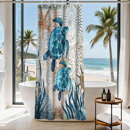 Nautical Ocean Beach Shower Curtain, Cute Coastal Sea Turtles Shower Curtains for Bathroom, Waterproof Bath Curtain with Hooks Machine Washable Bathtub Curtains 36x72 Inch Blue Teal