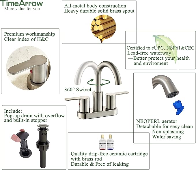 2 Handle Centerset Bathroom Sink Faucet Brushed Nickel with Drain Assembly, High Arc Modern 4 Inch Bathroom Vanity Lavatory Faucet 3 Holes with Brass 360° Swivel Spout, TAF067E-BN