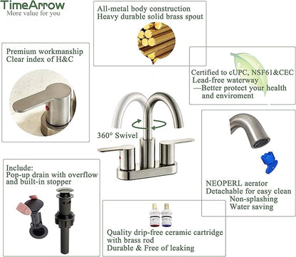 2 Handle Centerset Bathroom Sink Faucet Brushed Nickel with Drain Assembly, High Arc Modern 4 Inch Bathroom Vanity Lavatory Faucet 3 Holes with Brass 360° Swivel Spout, TAF067E-BN