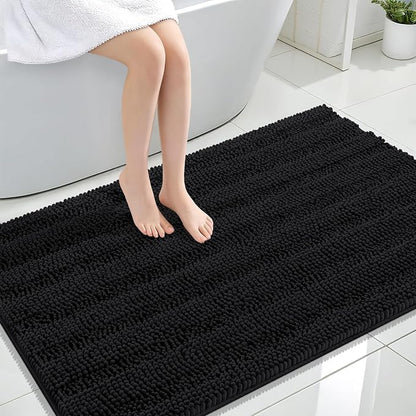 OLANLY Thick Large Bathroom Rugs 47x32, Soft Chenille Bath Rugs, Black | Absorbent Striped, Rubber Backing, Machine Wash Dry, Bath Mats for Bathroom Floor, Tub and Shower, Home Decor Accessories
