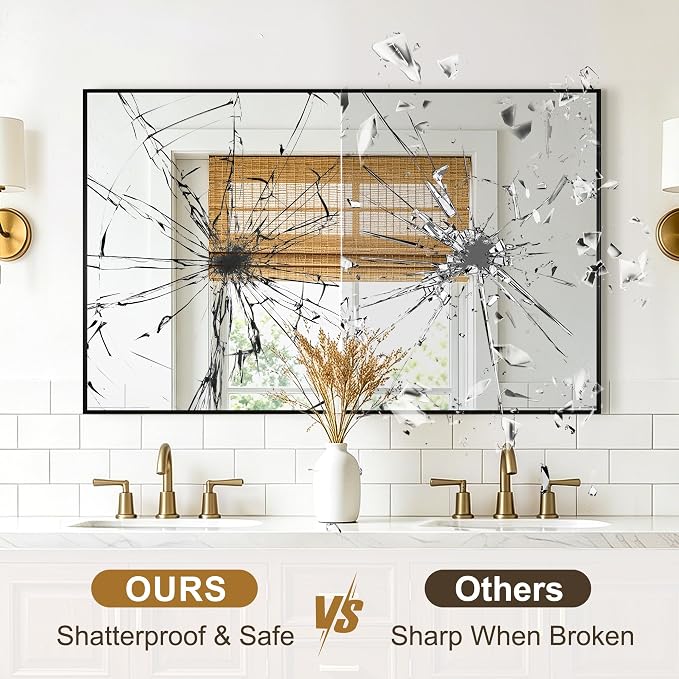 Rectangular Bathroom Mirror, 48"x30" Black Metal Framed Vanity Mirror | HD Shatterproof Wall Mirror, Horizontal or Vertical Hanging, Easy Installation for Bathroom, Bedroom, Living Room, Entryway