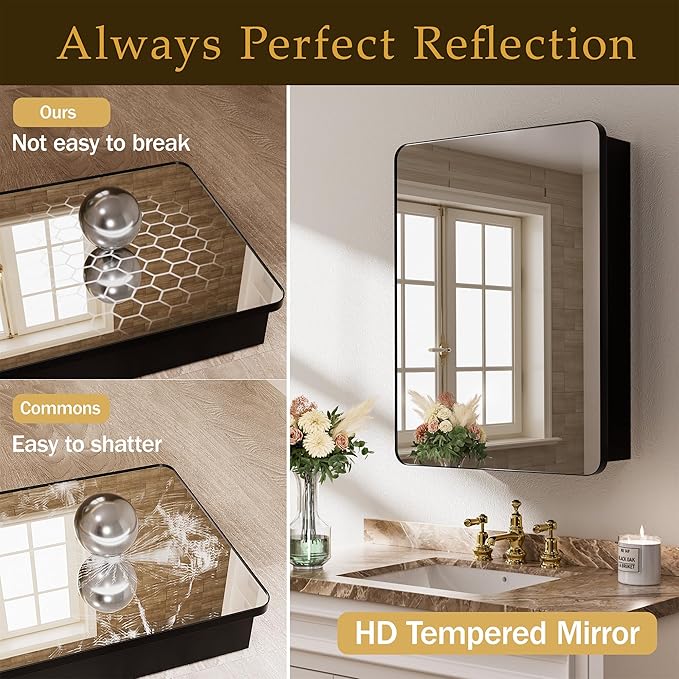 Medicine Cabinet with Mirror 20x30 Inch, Black Aluminum Bathroom Cabinet Recessed or Surface Mount, 8 Adjustable Shelves with Anti Tip Acrylic Guards, Rust Proof Wall Mirror for Vanity