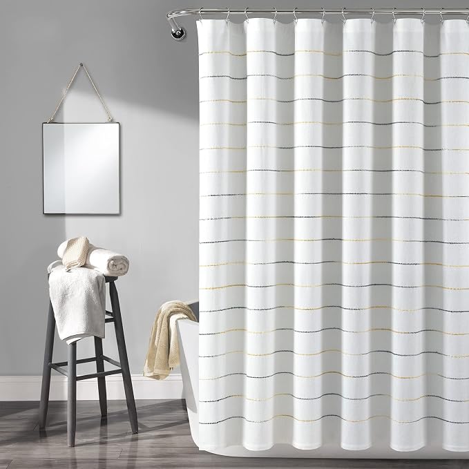 Lush Decor Ombre Stripe Yarn Dyed Cotton Shower Curtain, 72" W x 72" L, Navy & Multi - Fabric Shower Curtains - Striped Bathroom Curtain - Farmhouse & Coastal Decor