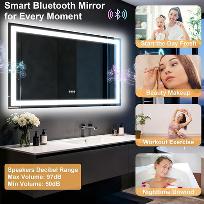40"x28" LED Bathroom Mirror with Lights,Bluetooth Dual Speaker | Anti-Fog,3 Color Temperature,Dimmable Brightness,Memory Function,Waterproof,Wall Mount Design,Tempered Glass
