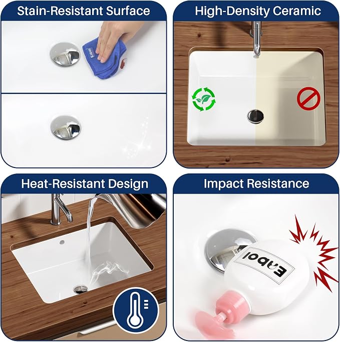 Enbol 20x16 inch Undermount Bathroom Sinks Rectangular White Porcelain Vessel Sink Modern Under Counter Lavatory Basin ECU1713