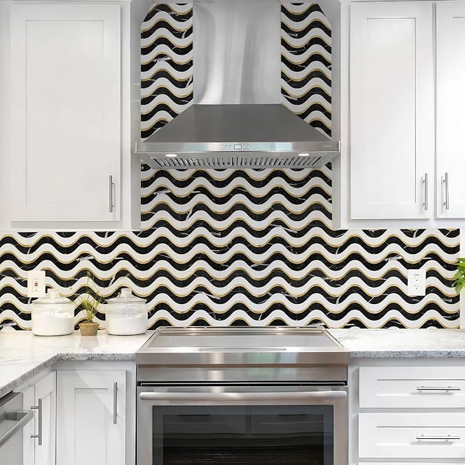 Vamos Tile Peel and Stick Backsplash Seamless Tile,Black+White+Gold,10 pcs | Stick on Backsplash for Kitchen and Bathroom, PVC Mix Metal Gold Self Adhesive Wall Tiles,11.8''x10.15''