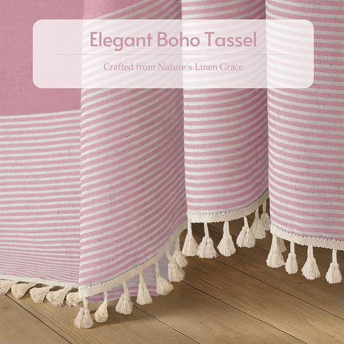 Pink Boho Linen Striped Shower Curtain with Tassel 72" W X 72" L | Boho Farmhouse Shower Curtains with Linen Texture for Bathroom Decor