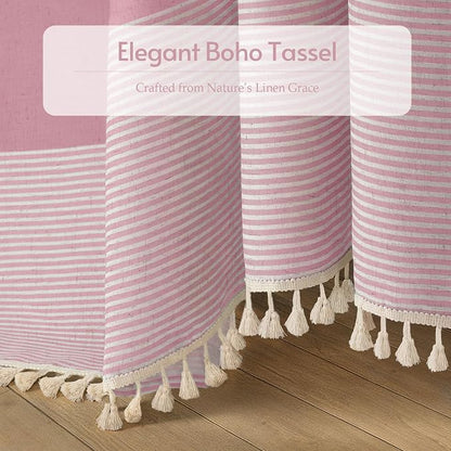 Pink Boho Linen Striped Shower Curtain with Tassel 72" W X 72" L | Boho Farmhouse Shower Curtains with Linen Texture for Bathroom Decor
