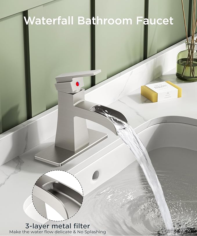 FORIOUS Brushed Nickel Bathroom Faucet 1 or 3 Holes, Vanity Faucet Single Handle with Pop-Up Drain and Water Supplies for Commercial, Lavatory, Restroom, Farmhouse