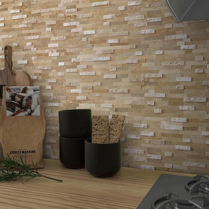 SUNWINGS 5-Sheet Peel and Stick Mosaic Natural 3D Stone Self Adhesive Marble Tiles, 11.5" x 10.7" Stick on Backsplash for Kitchen Bathroom Fireplace Vanity, Beige