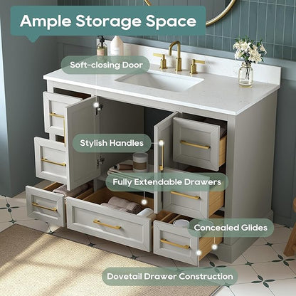 48 Inch Bathroom Vanity with Sink Combo, Solid Wood Frame with Mable Top &Backspalsh, Fully-Assembled with Soft-Closing Doors & 7 Drawers, Greige